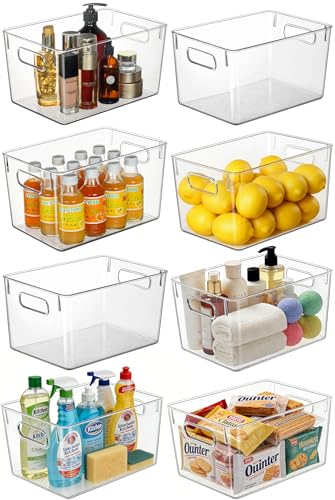 Hudgan Set of 8 Clear Plastic Storage Bins, 8 Large Storage Containers for Pantry Organizers, Home Edit, Kitchen Cabinet, Refrigerator, Under Sink Organization, Bathroom, Office - size: 8L