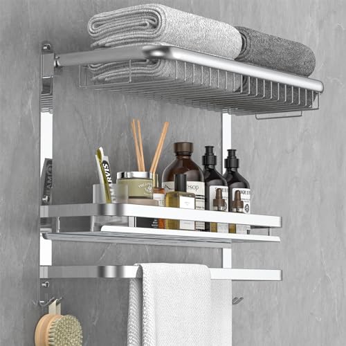 CAXIMSY Foldable 23.22 Inch Rowel Rack Wall Mounted with Bathroom Shower Shelves Stainless Steel Towel Bar Without Drilling and Screw Installation (Silvery) - color: Silvery