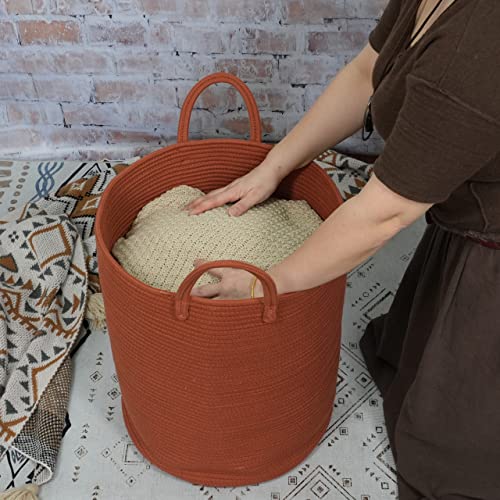 XUANGUO Cotton Rope Laundry Basket Hamper for Clothes Woven Storage Basket for Living Room Bedroom Boho Tall Rope Baskets for Blanket Toys Pillow Towels Baby Nursery Hamper Bin Large rust red - color: rustic, size: Regular