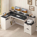 TVU Farmhouse L Shaped Desk with Drawers, 62.2" Home Office Desk with Storage Shelves and Power Outlet, L Shaped Computer Desk with Monitor Stand and Printer Shelf, Black and White - color: Black and White