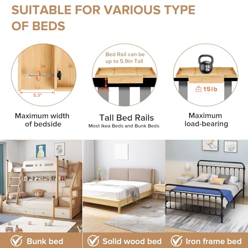 High Capacity Bedside Shelf, Bunk Bed Side Table, Loft Nightstand Organizer Tray, Loft Bed Shelf with Scalable Tray for Dorm Room, Clip On Nightstand with Cord Holder - Natural Bamboo
