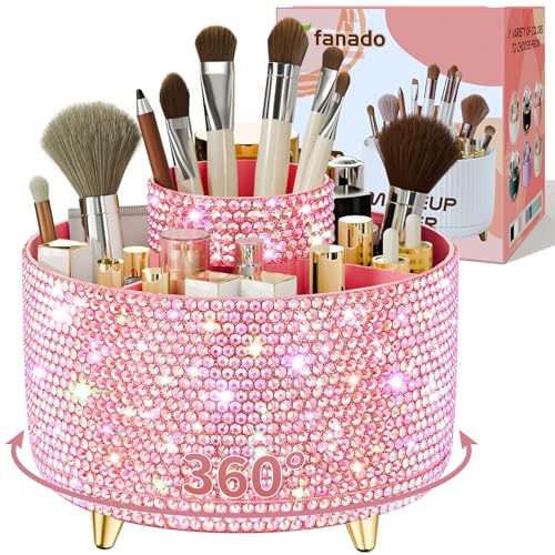 fanado Bling 360° Rotate Makeup Brush Holder Organizer, Makeup Organizers Countertop, Makeup organization and Skincare Storage for Vanity, Gift for Women Girls (Bling dz-Pink) - color: Bling dz-Pink