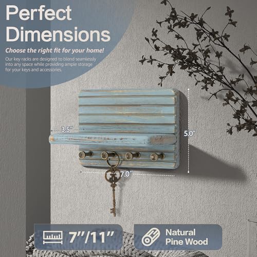 Rebee Vision Pine Wood Key Holder Wall Mount – Decorative 7-inch Key Holder for Wall with Wooden Shelf & Sturdy Hooks – Home Accessories for Mail Organizer (Blue) - color: Blue, size: Small-7inch