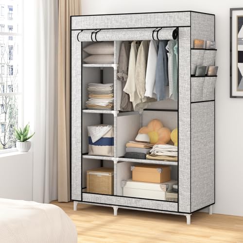 Calmootey Portable Closet Organizers, Clothing Storage, Wardrobe with 6 Shelves and Hanging Rod, Non-Woven Fabric Cover with 4 Side Pockets, Ash Grey - color: Ash Grey