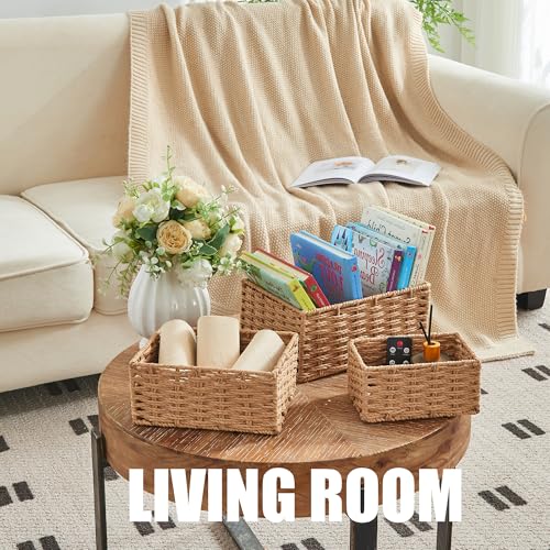 Small Wicker Basket for Organizing, Woven Storage Basket Set of 3 - Handwoven Natural Paper Rope Baskets to Declutter Any Room, Perfect for Organizing and Home Decor - color: Neutral