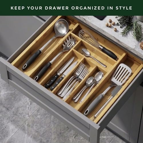 Bamboo Drawer Organizer, Expandable 8-Slot Silverware & Utensil Tray for Kitchen Drawers, Fits 13–19.5 Inch Drawers, Deep Compartments, Durable & Eco-Friendly Natural Bamboo - size: 8 Slot