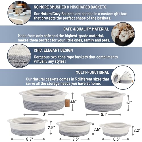 NaturalCozy 5-Piece Round Small Woven Baskets Set– Cotton Rope Baskets for Organizing! Montessori Toys, Fruits Remotes Key Tray Bowl for Entryway Desk, Shallow Catchall Home Décor, Cat Dog Bin Gift - color: Off White & Gray
