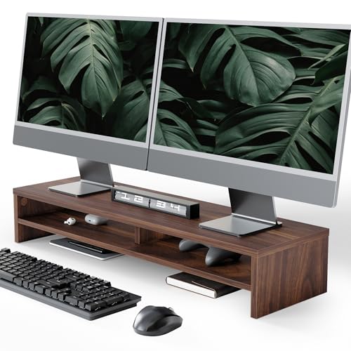 Fenge Monitor Stand, 31.5 Inch Computer Monitor Riser for Desk, 2 Tiers Wood Desk Shelf with Storage, Desktop Organizer for PC, Laptop, Screen, Printer - color: Brown