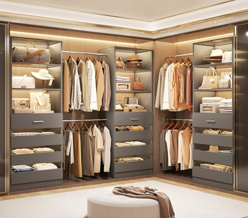 Aheaplus Closet System with 12 Drawers, 8.5-11.5Ft Wood Closet Organizer System with 4 Hanging Rods & 3 Towers, 4Ft & 6Ft L-Shaped Walk-in Closets Wardrobe Organizer Clothes Rack, Set of 3, Grey1 - color: Grey