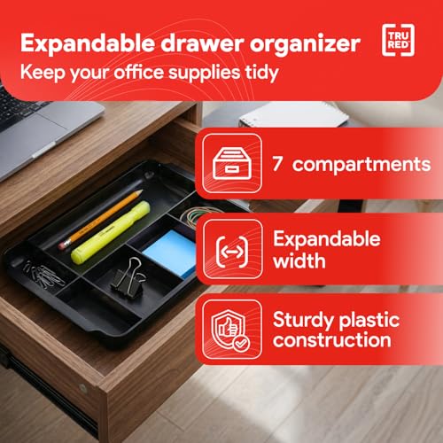 TRU RED Expandable Plastic Drawer Organizer, 7‑Compartment, Black – Adjustable Desk & Drawer Storage for Office Supplies