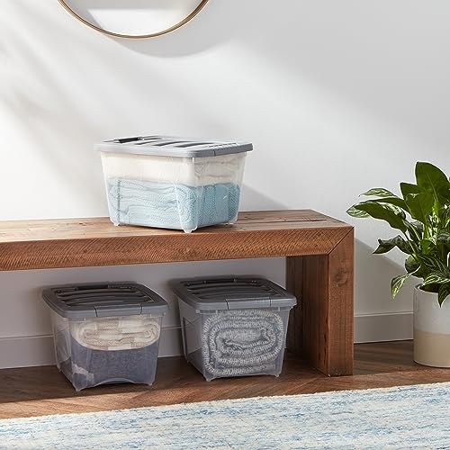 Amazon Basics Plastic Storage Containers with Secure Latching Lids, Stackable Organization Bins, Clear/Grey, 19 Quart, Set of 6 - size: 19 Qt. - 6 Pack