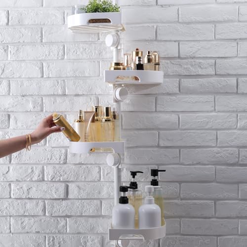 shuang qing 4-Tier Corner Shower Caddy Tension Pole Organizer - Adjustable Rustproof Metal Tension Pole, Plastic Shelves with Safety Guardrail, Bathroom Storage for Shower & Bathtub(White) - color: White, size: No Rotation