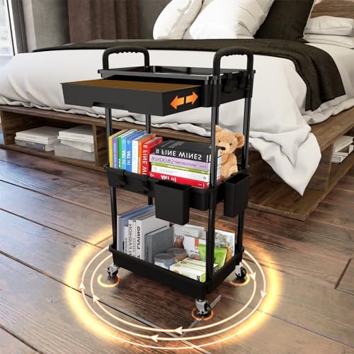 3 Tier Rolling Utility Cart with Drawer,REBECAT Utility Cart Made of Multifunctional Storage Organizer Tool for Kitchen,Bathroom,Living Room,Office(Black) - color: Black