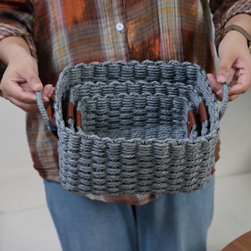 Small baskets for Organizing,Cute woven Storage basket with recycled paper rope for Shelves Bathroom,Little decorative basket,Set of 3 (Dark Grey) - color: Dark Grey