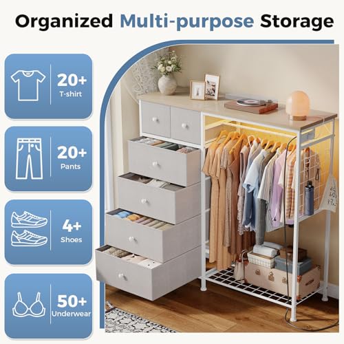 DUMOS Dresser for Bedroom with Hanging Rack, 6 Drawer Fabric Dresser with Charging Station and LED Lights, Closet Organizer & Storage Tower for Living Room, Entryway, Apartment, Light Grey - color: Light Grey, size: 15.8"D x 47.2"W x 49.2"H (6 Drawers)