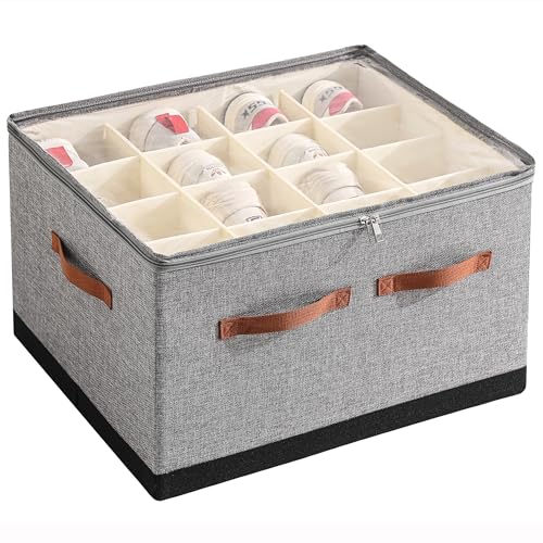 Shoe Organizer for Closet, Foldable Large Shoe Storage Box with Clear Cover, Removable Partitions and Bottom are Supported by Plastic Boards (Grey-Black, 20.5“Lx16.9 Wx13'H) - color: Grey-Black
