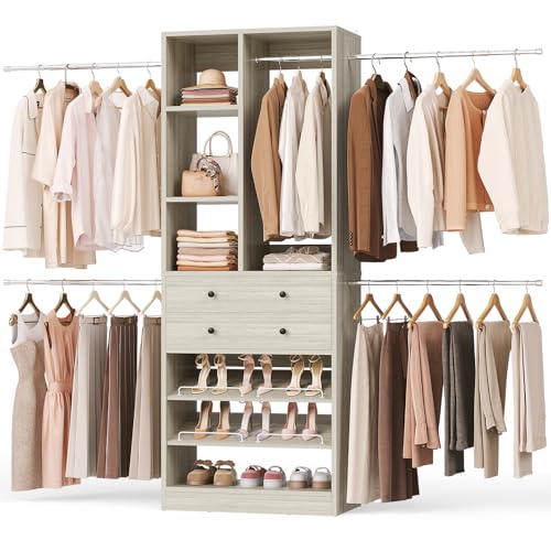 Besiost Closet System, 4.2–8.8 FT Closet Organizer with 2 Wooden Drawers and Shelves, Walk-in Closet System with 5 Hang Rods, Built-in Reach in Closet Tower, Can Fit 60 to 96 inch, Greige Oak - color: Greige Oak