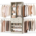 Besiost Closet System, 4.2–8.8 FT Closet Organizer with 2 Wooden Drawers and Shelves, Walk-in Closet System with 5 Hang Rods, Built-in Reach in Closet Tower, Can Fit 60 to 96 inch, Greige Oak - color: Greige Oak