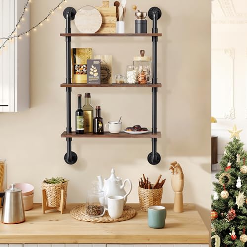 Merapi 24" Industrial Floating Shelves, Pipe Shelves for Wall, 3 Tier Rustic Wood Wall Shelves for Home Décor, Bedroom, Living Room, Bathroom… - style: 3 Tier