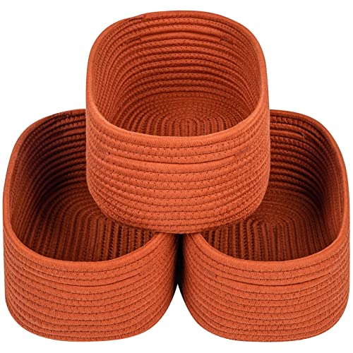 CubesLand Small Baskets, Storage Baskets for Organizing Shelves, 3 Packs Rectangular Woven Storage Baskets Natural Cotton Rope Storage Bins Closet Baby Nursery Baskets Empty Gifts Baskets Brick Red - color: Brick Red, size: 3pcs-Small Basket