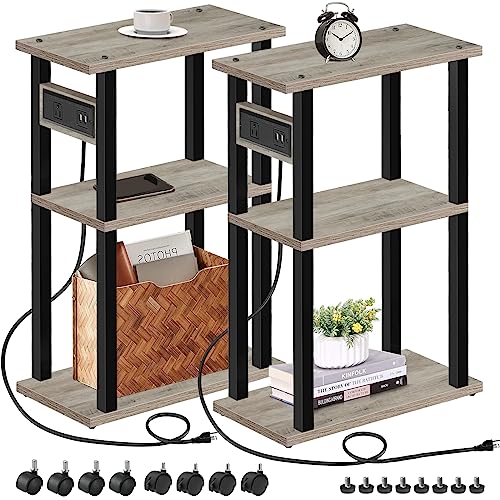 TUTOTAK Small Narrow Side Table with Charging Station, Set of 2 Skinny End Table for Small Spaces, Slim Nightstand with USB Ports and Outlet,Sofa Beside Table with Wheels, Greige TB01BG047 - color: Greige, size: 2 PC, style: With Plug