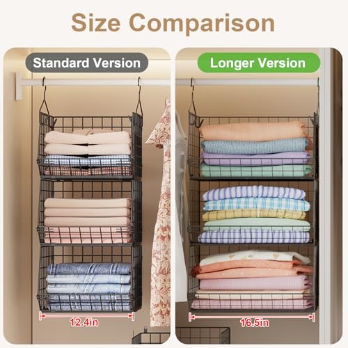 Jautokerdar 3 Tier Closet Hanging Shelves with Divider, Extra Large Closet Organizers and Storage, Clothes Hanging Organizer Clothing Sweaters Handbags Clutches Accessories - color: Black, size: 3-Tier