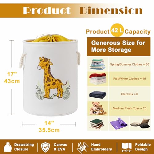 Kids Laundry Basket Baby Hamper for Nursery, Canvas Dirty Clothes Hampers with Drawstring Closure, Jungle Theme Baby Basket, Animal Baskets for Toys Laundry Hamper, Safari Nursery Decor, Giraffe - color: Yellow Giraffe