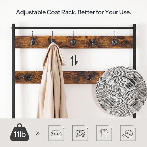 HOOBRO Hall Tree, Entryway Coat and Shoe Rack, 2 Fabric Drawers, Hall Tree with Bench, Shoe and Coat Rack, Coat Rack with Shoe Storage, 4 Tier Shoe Organizer, 9 Hooks, Rustic Brown and Black BF81MT01