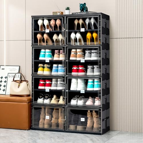 JEKO&JEKO 7 Tiers Foldable Boot Storage Shoe Rack Cabinet for Closet Entryway, Large Collapsible Shoe Organizer with Magnetic Doors (Black) - color: Double-row, size: 7 Tiers
