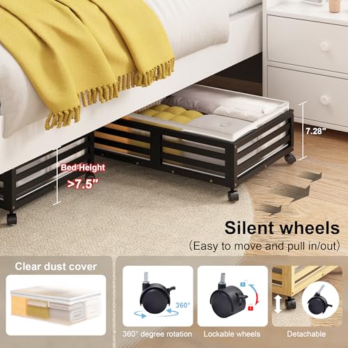 Under Bed Storage Containers With Wheels - 2 Pcs Bamboo Wood Rolling Underbed Shoe Storage Bins With Dust Bags for Clothes Blankets, Duvet Covers Snacks Toys (Black) - color: Black, size: M