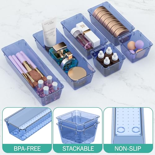 WOWBOX 12 Pack Clear Drawer Organizer Set, Acrylic Drawer Storage Trays, Storage Bins for Makeup, Cosmetics, Jewelries, Utensils, Gadgets, Office, Dark Blue - color: Dark Blue, size: 12 PCS