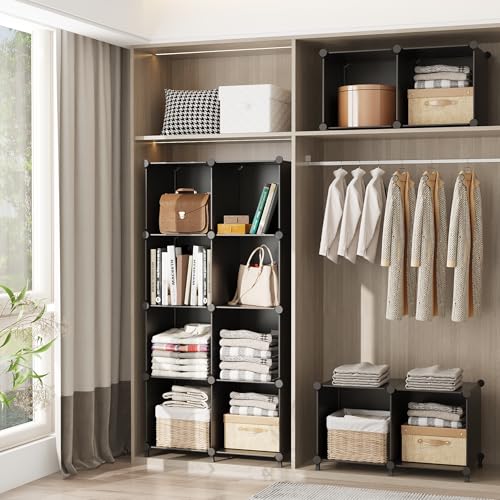 AWTATOS Cube Storage Organizer Closet Storage Shelves DIY Stackable Plastic Storage 12 Cube Bookshelf, Ideal Storage Organizer for Closet, Home, Bedroom, Black - color: Black