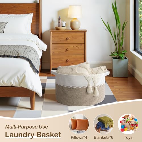 OIAHOMY 90L Blanket Basket for Living Room, Large Basket 23" x 23" x 13" with Handle, Laundry Hamper for Blankets, Pillows, Toy Storage for Kids, Dogs - Light Brown & White - color: Light Brown & White, size: 23" x 23" x 13"