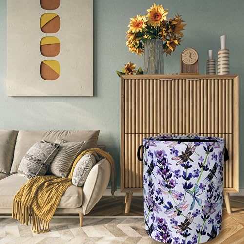 Dragonfly Laundry Basket Foldable With Handles Purple Floral Tote Bag Oxford Cloth Colorful Laundry Hamper Clothes Storage Bucket Toy Organizer For Bathroom/Laundry/Bedroom 18.9" x 16.5 " - color: Dragonfly and Purple Flowers