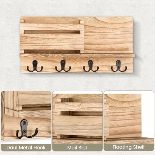 Key and Mail Holder for Wall Decorative - Rustic Mail Organizer Wall Mount, Wooden Letter Sorter Organizer with 4 Key Rack Hooks for Hallway Kitchen Farmhouse Decor (16.5” x 9.1” x 3.4”) (Brown) - color: Wood