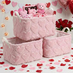 Kathfly Pink Heart Storage Baskets Valentine's Day Plush Faux Fur Jacquard Design Laundry Basket with Handles Waterproof Storage Bins Fabric Shelf Baskets for Organizing - style: Pink Heart