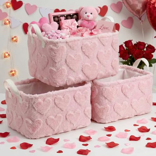 Kathfly Pink Heart Storage Baskets Valentine's Day Plush Faux Fur Jacquard Design Laundry Basket with Handles Waterproof Storage Bins Fabric Shelf Baskets for Organizing - style: Pink Heart