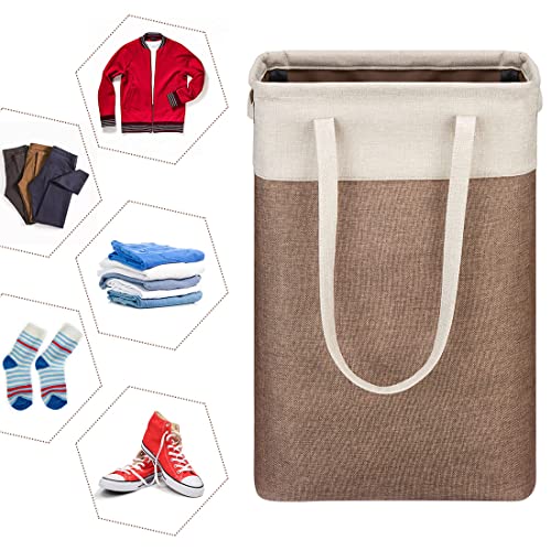 i BKGOO Laundry Basket with Handles Beige&Brown Slim Laundry Bin Collapsible Dirty Clothes Basket Narrow Laundry Bag Foldable Dirty Hamper for Camping, Dorms, Apartments - color: Beig&Brown