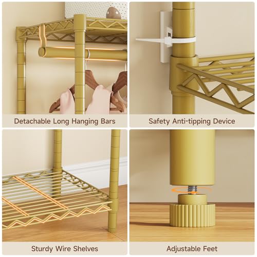 ONBRILL F5 Extra Large Industrial Pipe Clothing Rack, Freestanding Portable Closet Organizer System with Shelves & Hanging Rods, 88.6'' Wide Heavt Duty Clothes Rack, Max Load 1300lbs, Gold - color: Gold