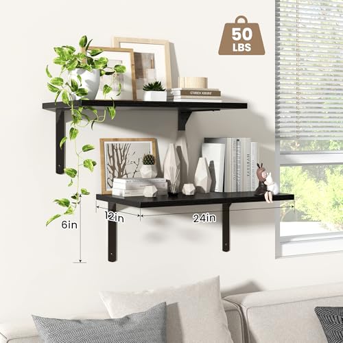 Fun Memories Floating Shelves for Wall, 12 Inch Deep Floating Shelves Set of 2, Wall Mounted Shelf with Metal Brackets, Rustic Wood Wide Shelf for Bathroom, Kitchen and Living Room, Black, 24W x 12D - color: Black- L Bracket, size: 24"W x 12"D