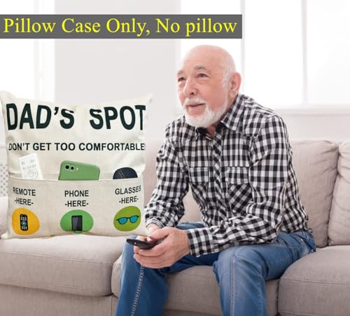 ZUYUROU Dad Gifts Funny 3 Pocket Throw Pillow Cover for Couch Recliner Sofa, Dad's Spot Remote Phone Glasses Holder Organizer Cushion Case, Father's Day Birthday for Dad, 18 x 18 Inch - color: Dad 3-pocket