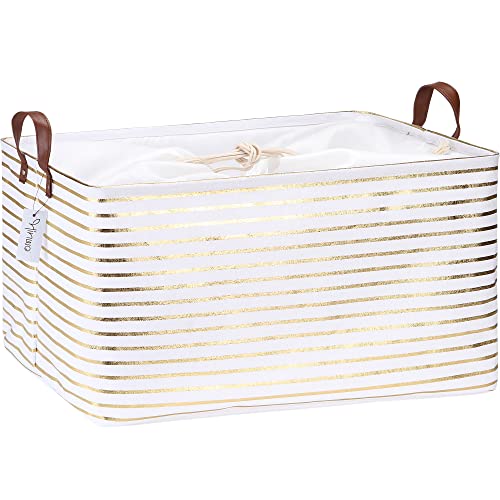 Hinwo 70L Extra Large Storage Bins, Closet Organizers and Storage, Foldable Clothes Storage Baskets with Handles, Containers for Clothing, Blanket, Comforters, Toys, Bedding (Gold Stripe) - color: Gold Stripe, size: 22" / 70L / 1-Pack