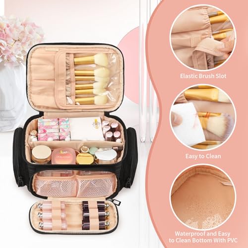 OCHEAL Makeup Bag,Travel Makeup Organizer Bag for Women with Zipper Pouch and Side Pocket, Multifunctional Compartments and Dividers,Toiletry Make up Case for Toiletries, Brushes & Beauty Tools-Black - color: 001_Black with multi-pocket, size: Medium