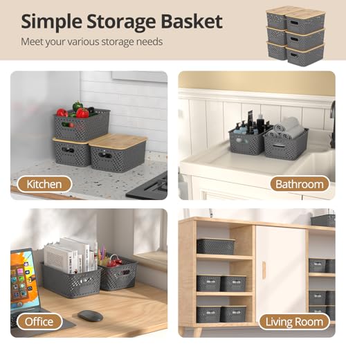 Plastic Storage Bins with Bamboo Lids, Stackable Small Box Baskets for Organizing and Containers for Shelves Drawers Desktop Closet Pantry Classroom Office Home, 6 Pack 10.2x7.2x4.1 Inch, Gray - color: Gray