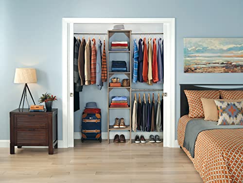 ClosetMaid SuiteSymphony Wood Closet Organizer Starter Kit with Tower and 3 Hang Rods, Shelves, Adjustable, Fits Spaces 4 – 9 ft. Wide, Natural Gray - color: Natural Gray, style: Starter Tower Kit