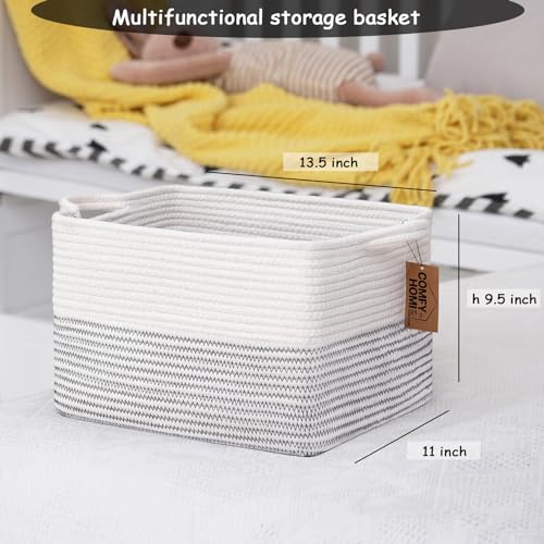COMFY-HOMI Cotton Rope Woven Basket with Handles for Shelves,Toys,Book, Cloth Storage Baskets Bin for Organizing-13.5"x11"x9.5" Toy Decorative Organizer for Living Room, Bathroom-White/Black Line - color: white/black line, size: 13.5"X11"X9.5"
