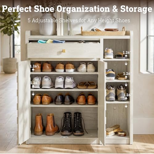 STO'SENSE Large Shoe Cabinet with Doors, 8-Tier Shoe Storage Cabinet with Drawer & 4 Side Cubbies & 5 Adjustable Shelves, 47" Tall Shoe Rack Organizer Cabinet for Entryway, Hallway (White Oak) - color: White Oak