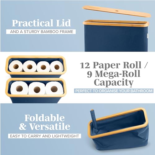 LONBET Toilet Paper Storage for 12 Rolls, Stackable & Foldable - The Ultimate Bathroom Organizer - Waterproof Basket with Bamboo Lid - Elegant Toilet Paper Storage Holder, Blue - color: Blue, size: 12 rolls