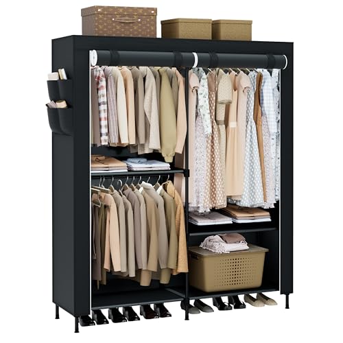 CASAMAYA Clothes Rack, Portable Closet, 54.7 Inch Large Capacity Wardrobe Closet with Cover, Clothes Storage Organizer with Shelves and 3 Hanging Rods, Easy to Assembly, Black PCT122B01 - color: Black, size: 54.7"L x 17.7"W x 78"H