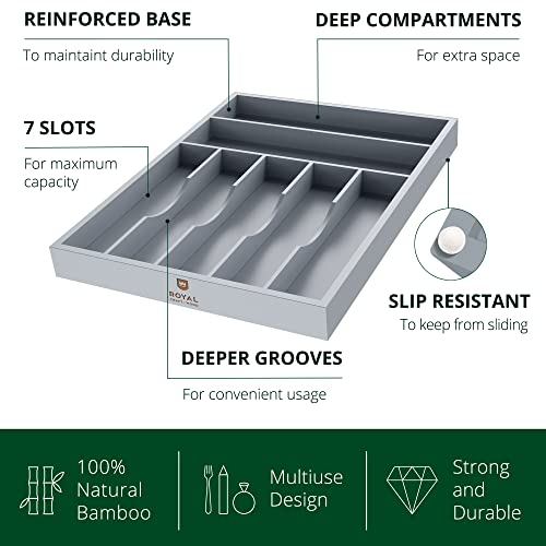 ROYAL CRAFT WOOD Luxury Bamboo Kitchen Drawer Organizer - Silverware Organizer - Utensil Holder and Cutlery Tray with Grooved Drawer Dividers for Flatware and Kitchen Utensils (7 Slot, Gray) - color: Gray, size: 7 Slot